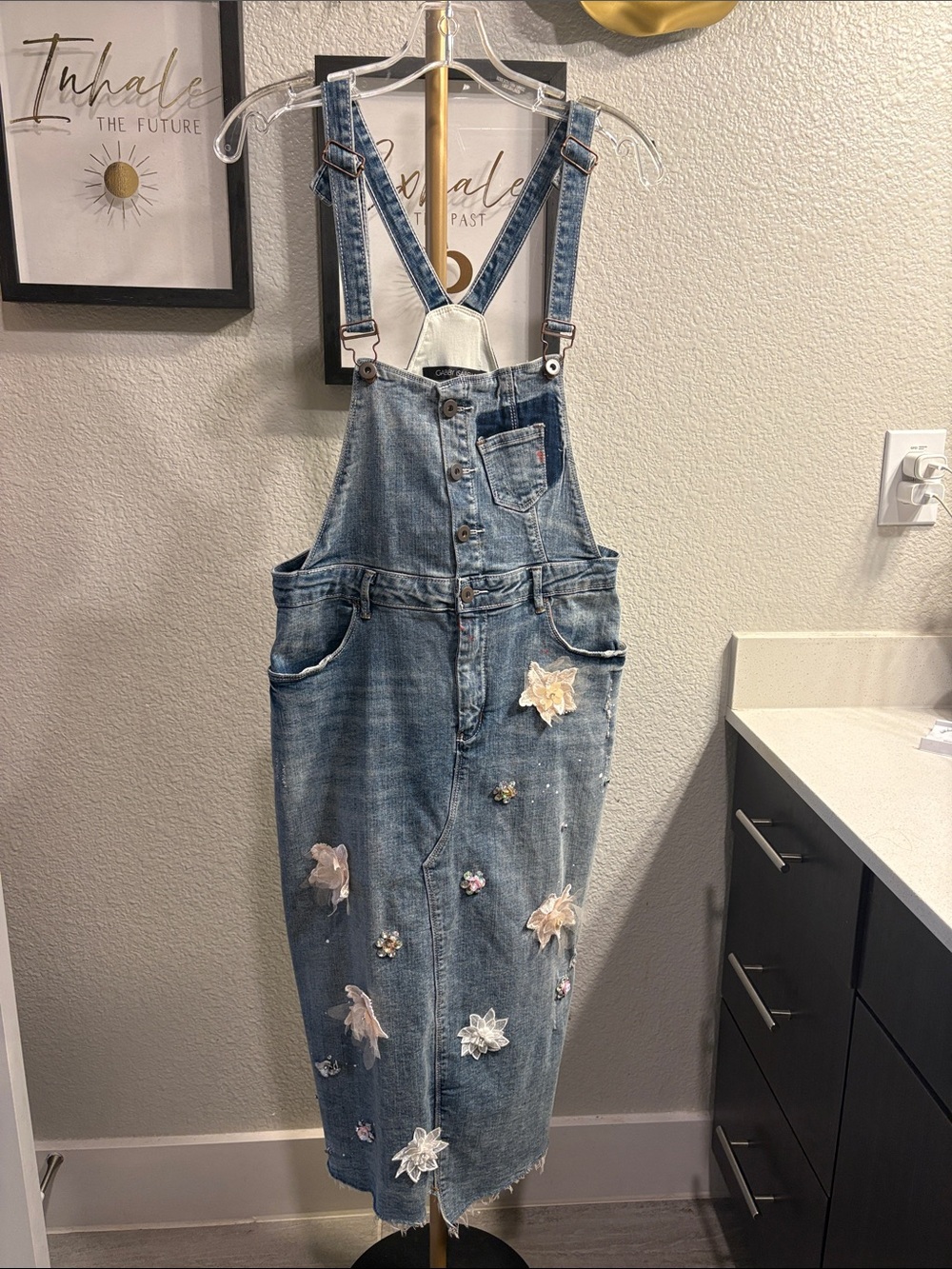 Gabby Isabella Light Blue Denim Overall Dress with Floral Appliqués
